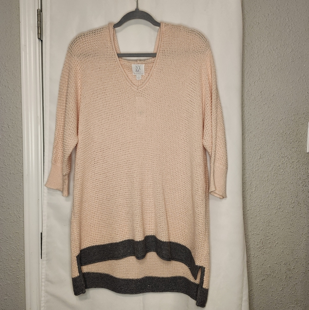 Women's V-Neck Sweater in Peach and Gray With Hood XL NWT